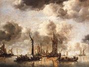 A Dutch Yacht Firing a Salute as a Barge Pulls Away and Many Small vessels at Anchor Jan van de Cappelle